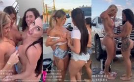 Luiza Marcato e Débora Peixoto lavando o carro peladas com as irmãs Sumpani